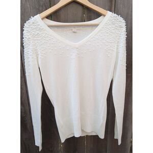 Boston Proper Embellished V Neck Cream Sweater‎ Xs